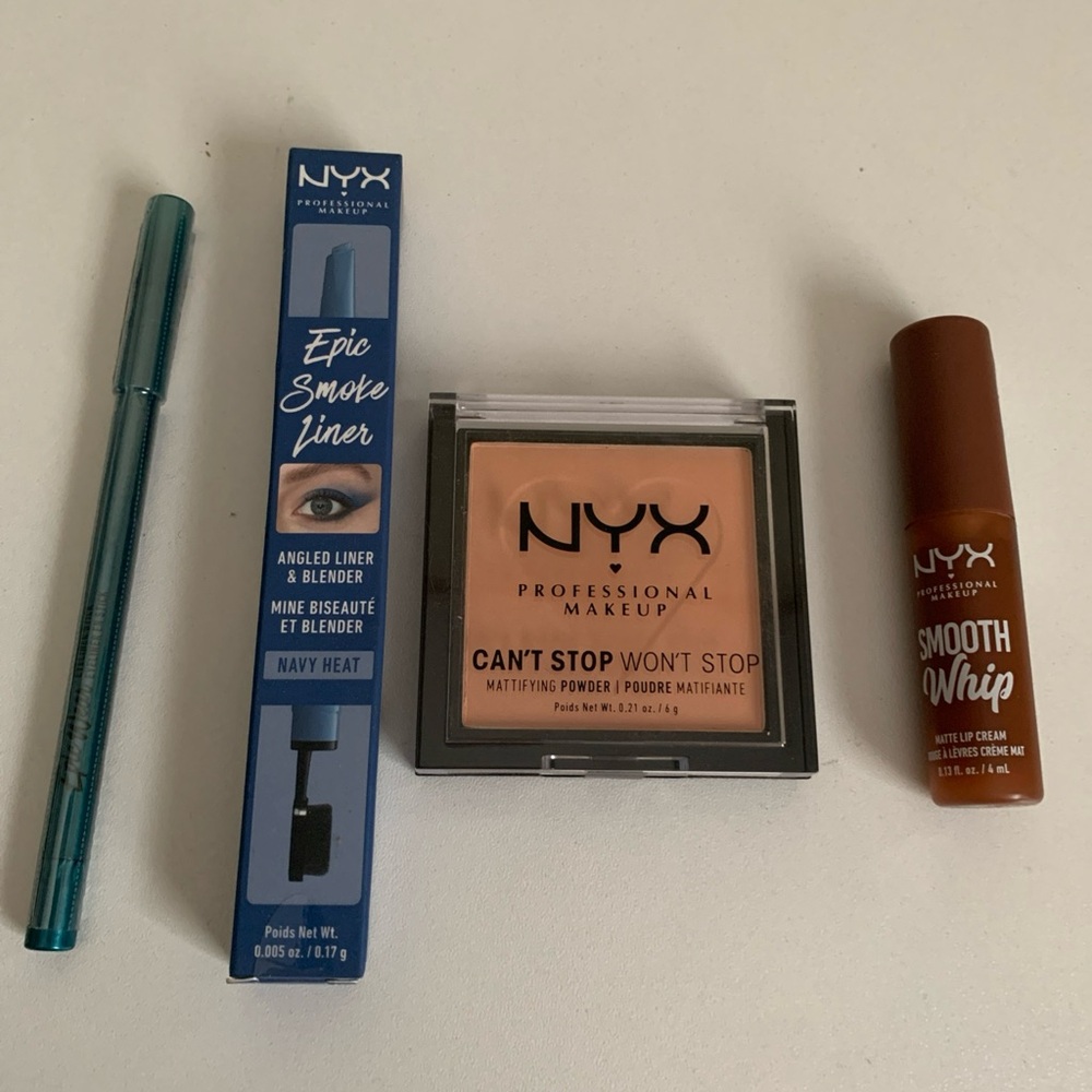 NYX Beauty Bundle Eye Liner, Powder,  Lip Cream Teal Eyeliner Pencil lot of 4